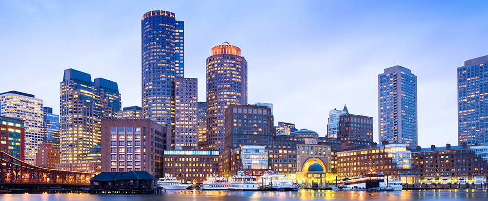 Financial District Skyline and Harbour at Dusk, Boston, Massachu