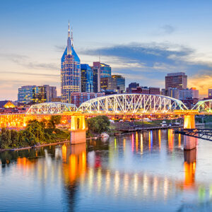 Nashville, Tennessee, USA downtown skyline on the Cumberland River.