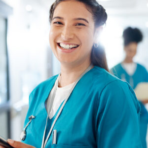 Laugh, tablet and face of nurse in hospital for telehealth, medical service and research in clinic. Healthcare, wellness and portrait of woman on digital tech for online diagnosis, report or schedule.